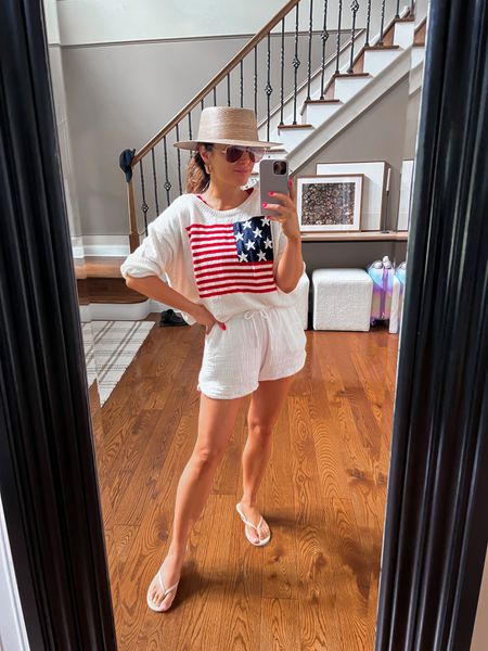 4th of July, patriotic, American flag, red swimsuit, one piece swimsuit, pool outfit, USA, beach sweater, white shorts, swimsuit coverup

#LTKSeasonal #LTKsalealert #LTKswim