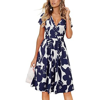 OUGES Casual Summer Dress for Women Wrap V Neck A Line Midi Dresses with Pockets | Amazon (US)