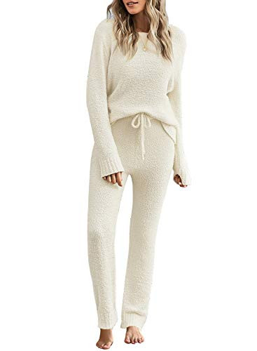 luvamia Lounge Sets For Women Fuzzy Two Piece Pants Set For Women Fleece Knitted Long Sleeve Pj Loungewear Womens Fall Clothes Beige Size X-Large Fits US 16-18 | Amazon (US)