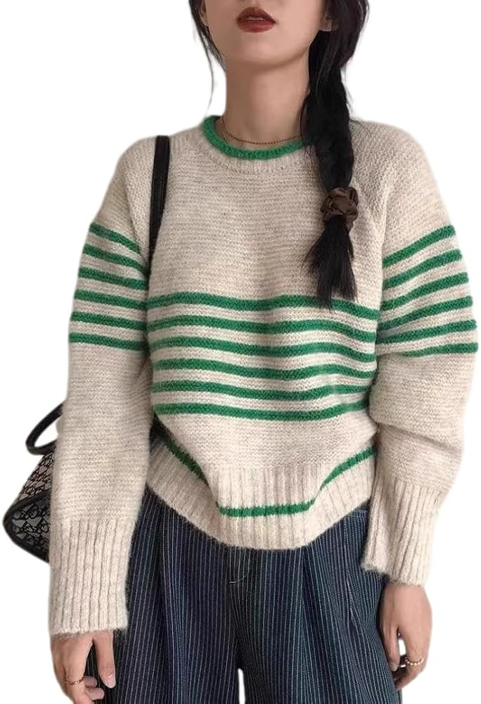 Suéteres de otoño de gran tamaño de punto a rayas para mujer, ropa de moda, cuello redondo, su... | Amazon (US)