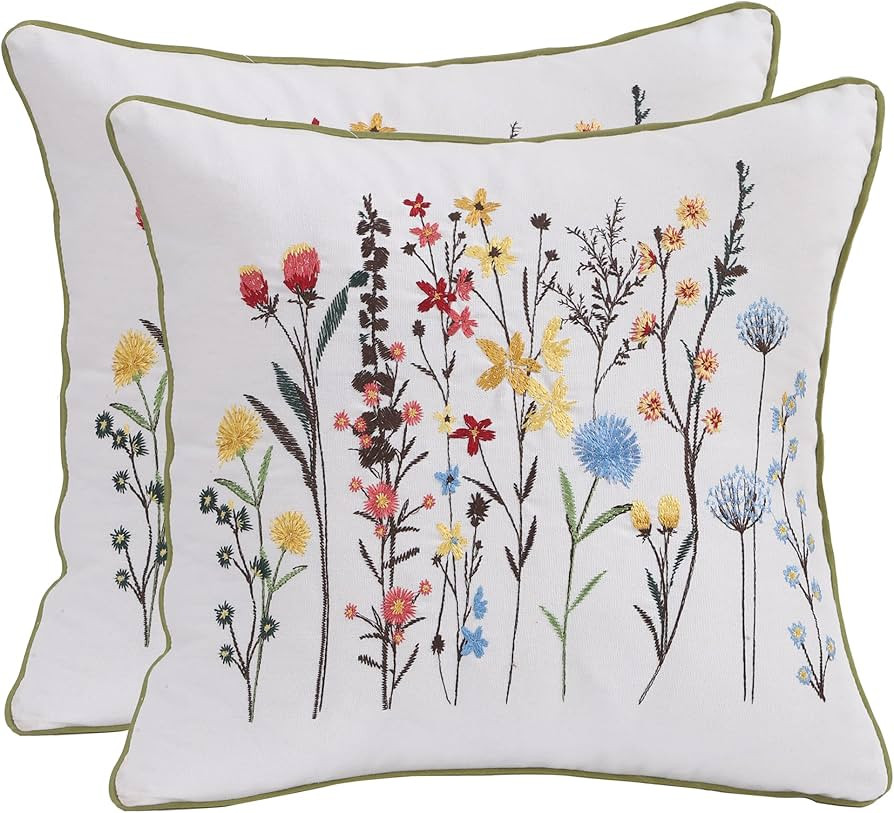 Tosleo Embroidered Throw Pillow Covers 18x18 Set of 2,Flowers Pillow Cushion Cases,Farmhouse Deco... | Amazon (US)