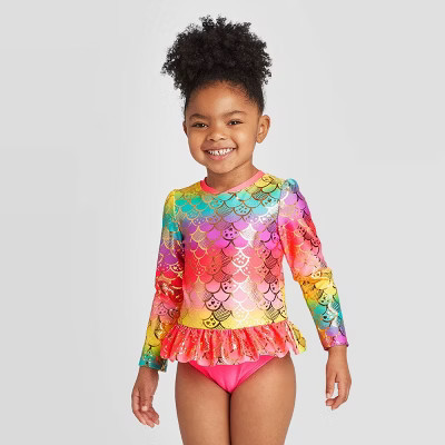 Toddler Girls' Mermaid Scales Zip-Up Long Sleeve One Piece Rash Guard Swimsuit - Cat & Jack™ Pi... | Target