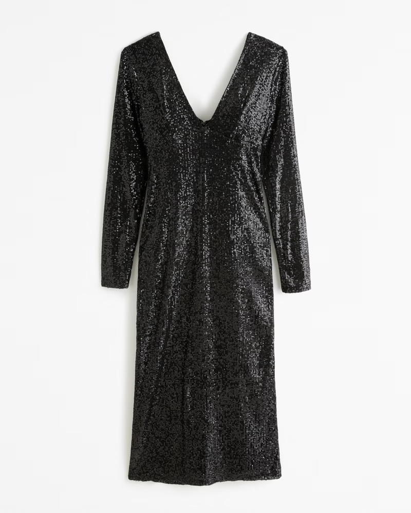 Long-Sleeve Sequin Plunge Midi Dress | Abercrombie & Fitch (US)