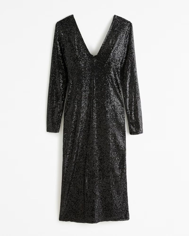 Women's Long-Sleeve Sequin Plunge Midi Dress | Women's New Arrivals | Abercrombie.com | Abercrombie & Fitch (US)