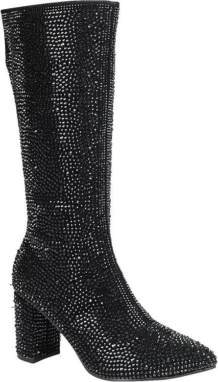 ABSOLEX Women Pointed Toe Rhinestone Block Medium Heel Knee High Boots | Amazon (US)