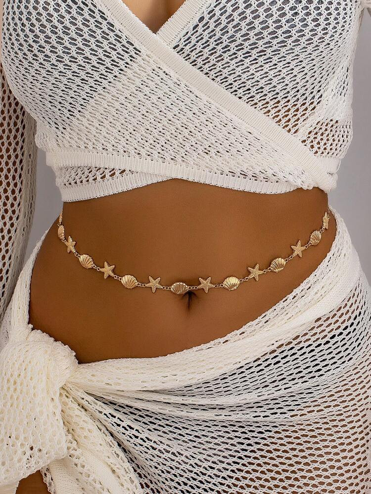 1pc Gold Plated Shell Starfish Waist Chain, Resort Style Bikini Body Jewelry Accessory, Ocean Element Fashionable Sexy Waist Decor | SHEIN