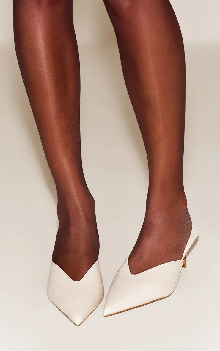 Cream Snake Pointed Toe Heeled Mule | PrettyLittleThing | PrettyLittleThing UK