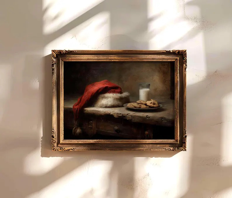 Vintage Santa Hat Wall Art, Rustic Christmas Still Life Printable, Milk Cookies Holiday Oil Paint... | Etsy (US)
