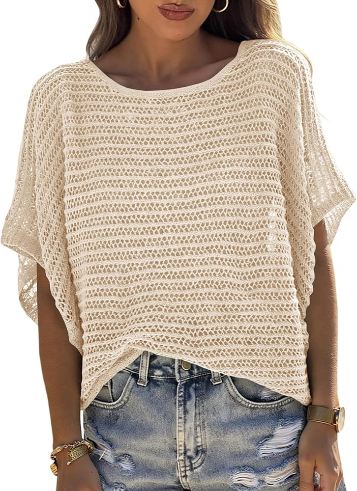 UNCLECAT Women's Crochet Tops Short Sleeve Sweater 2026 Fashion Hollow Out Scoop Neck Pullover Kn... | Amazon (US)