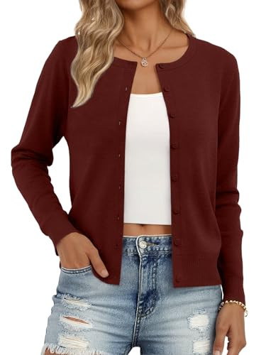 Trendy Queen Cardigan Sweaters for Women Lightweight Cropped Crew Neck Outfits Fall Fashion 2026 Spring Clothing Burgundy XL | Amazon (US)