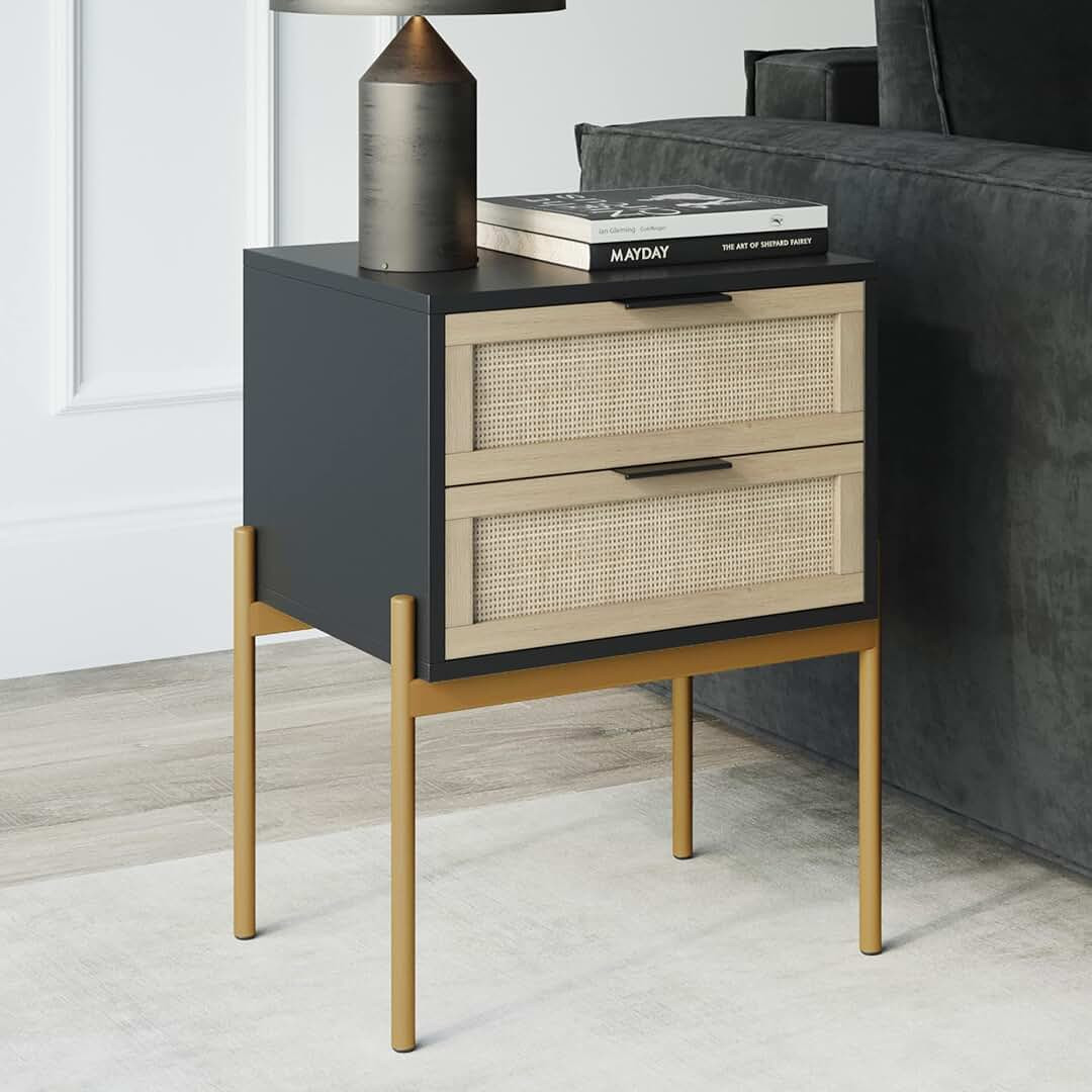 Andrew Nightstand, Accent Bedside End Side Table with Storage Drawer, and Mid-Century Modern Legs for Living Room or Bedroom, 1, 14" D x 19" W x 24" H, Black/Cane/Gold | Amazon (US)