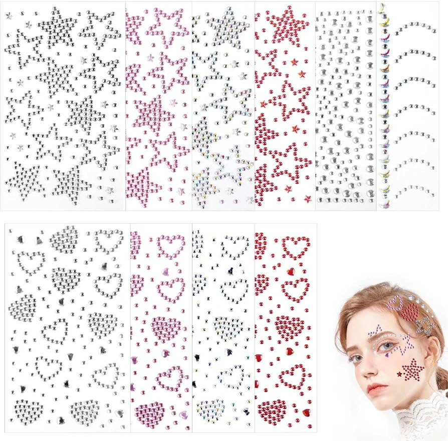 10 Sheets Face Gems Stickers, Self-Adhesive Heart Star Face Jewels, Stick on Glitter Hair Gems, R... | Amazon (UK)