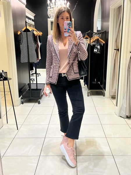 My favorite look of the season thus far. A fashion sneaker is a fun way to finish even a polished and professional look. 

Blouse runs TTS. Wearing size small.
Blazer runs TTS. Wearing a size 4.
Jeans run TTS. Wearing size 28.
Sneakers run TTS.

#LTKSeasonal #LTKworkwear #LTKshoecrush