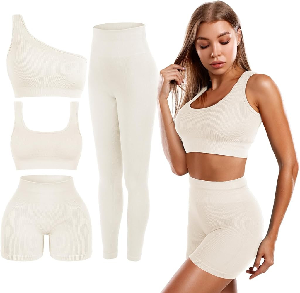 4 Pcs Women's Workout Sets Pilates Exercise Outfit Ribbed Scoop Neck Sports Bra Shorts Leggings G... | Amazon (US)