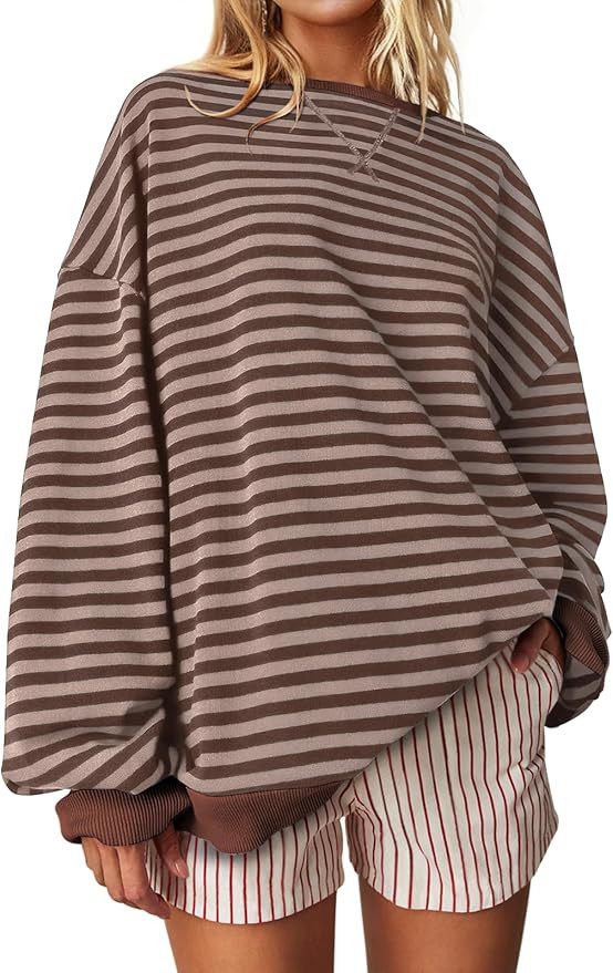 UEU Women Oversized Striped Crewneck Sweatshirt Long Sleeve Color Block Pullover Tops Casual Loos... | Amazon (US)