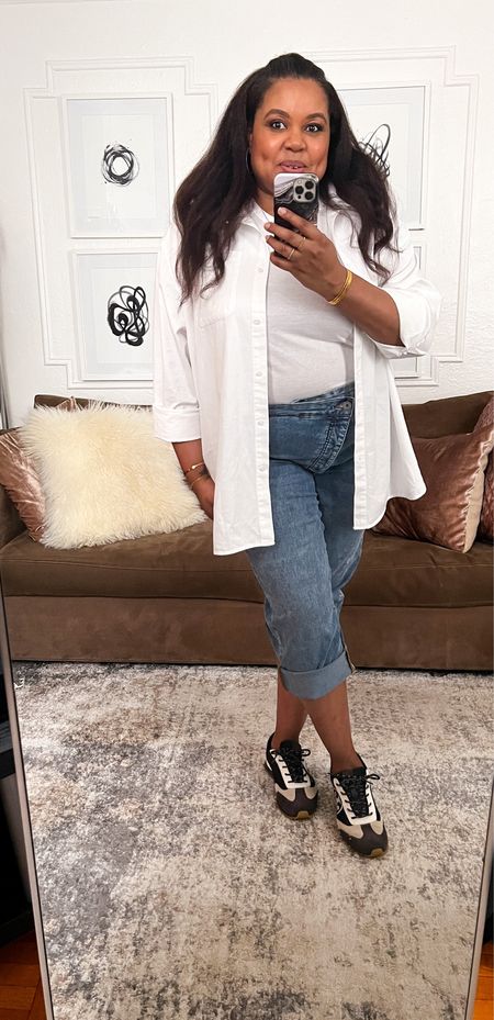 Still in this versatile white button down, on sale at Able. Code MD25 for 25% off. Universal Standard crossover denim. 
Midsize fashion, spring outfit, casual outfits, spring denim, Patranila, curvy girl style 

#LTKsalealert #LTKstyletip #LTKcurves