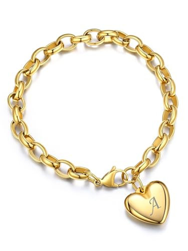Gold Heart Charm Bracelet, Initial A Chain Link Bracelets for Women, 14k Gold Plated Jewerly Gifts with Gift Box | Amazon (US)