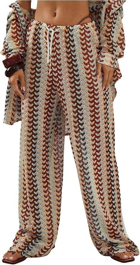 GORGLITTER Women's Boho Crochet Cover Up Pants Wide Leg Low Rise Trousers Striped Baggy Colorful ... | Amazon (US)