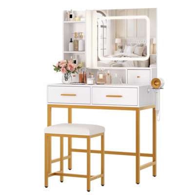 Makeup Vanity Desk with Mirror & Lights – 4 Drawers, 2 Shelves, Built-in Charging Station, LED Light with 3 Modes, 53" White & Gold | Target