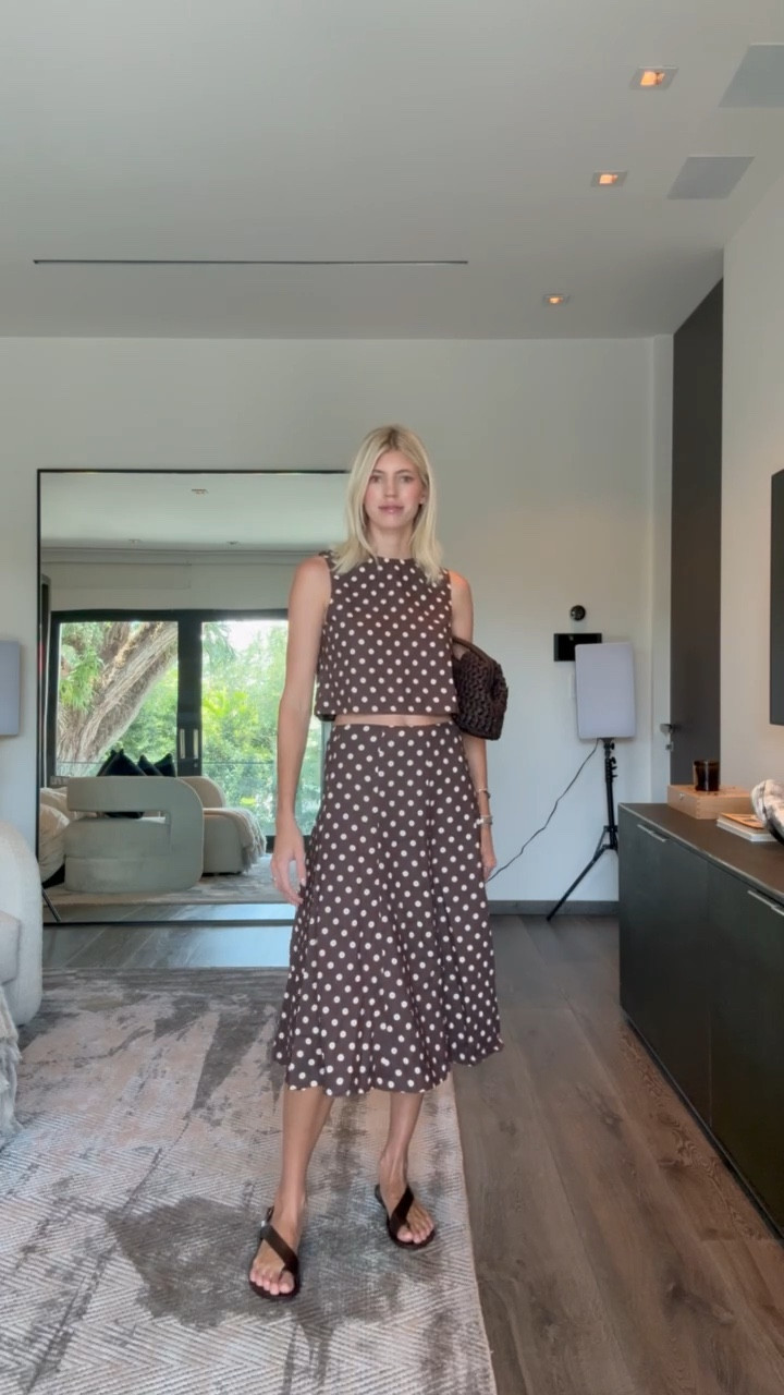 Obsessed with this linen chocolate brown polka dot set! 🤎 Paired it with these sandals & brown raffia bag. 

#LTKShoeCrush #LTKStyleTip #LTKItBag