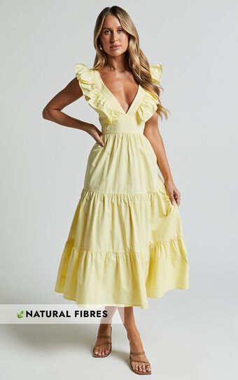 Levona Midi Dress - Ruffle Shoulder Tiered Dress in Lemon | Showpo (US, UK & Europe)
