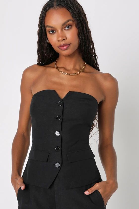 Outstanding Poise Black Linen Strapless Button-Up Vest Top | Lulus (US)