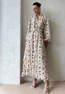 Palm Noosa Noddy Dress Size AU 8 / US 4 Tomato Tiles Maxi Linen Long Sleeve | eBay | eBay US
