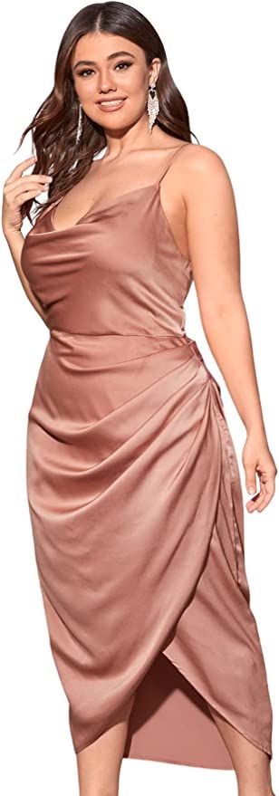 Floerns Women's Plus Size Satin Spaghetti Strap Cowl Neck Wrap Party Cami Dress | Amazon (US)