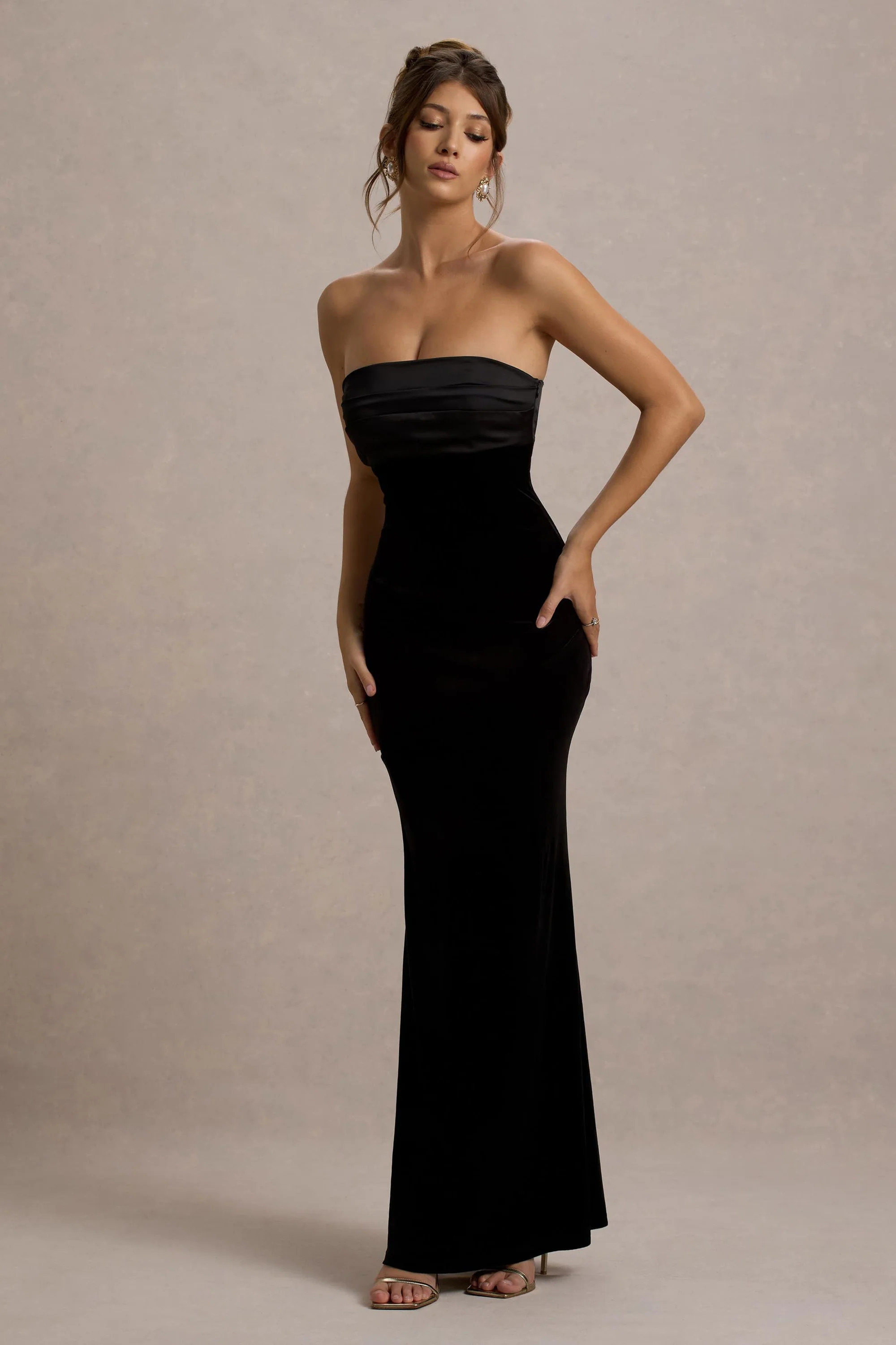Ambrosi  Black Velvet Bandeau Maxi Dress | Club L London