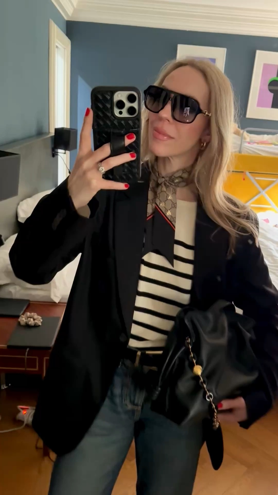 Spring outfit, travel look, oversized black blazer, striped top, Gucci silk scarf, @Zara cuffed baggy jeans, Adidas Samba sneakers 

#LTKSaleAlert #LTKOver40 #LTKSeasonal