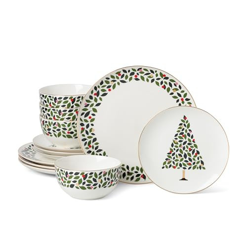 kate spade new york Evergreen 12-Piece Dinnerware Set, 12 Count, Ivory, Christmas, Holiday Hosting | Amazon (US)