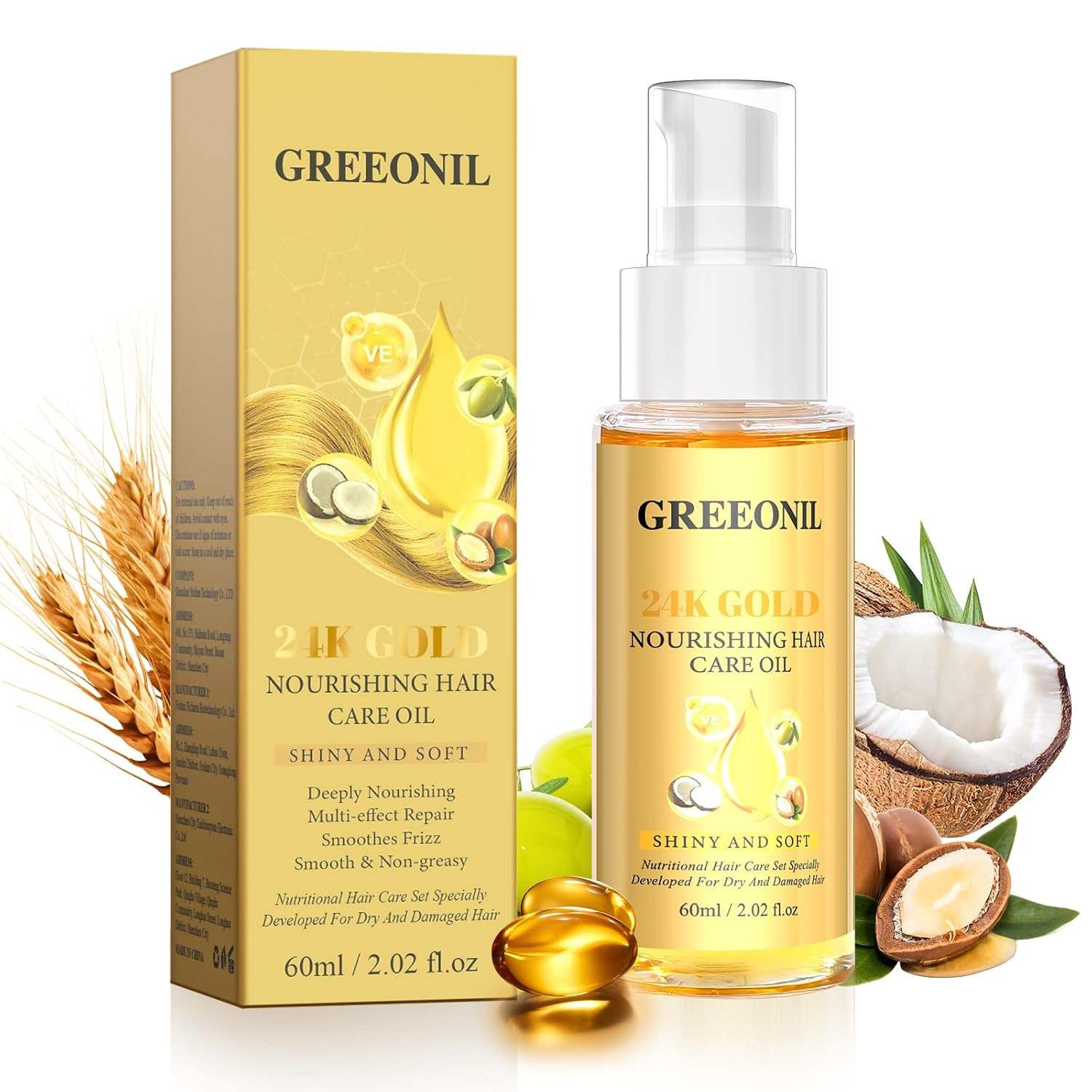 GREEONIL 24K Gold Argan, Coconut, and Olive Oil Serum for Frizz Control, Shine, and Split End Repair - Nourishing Hair Treatment with Vitamin E, 2.02 fl oz, 60ml | Amazon (US)