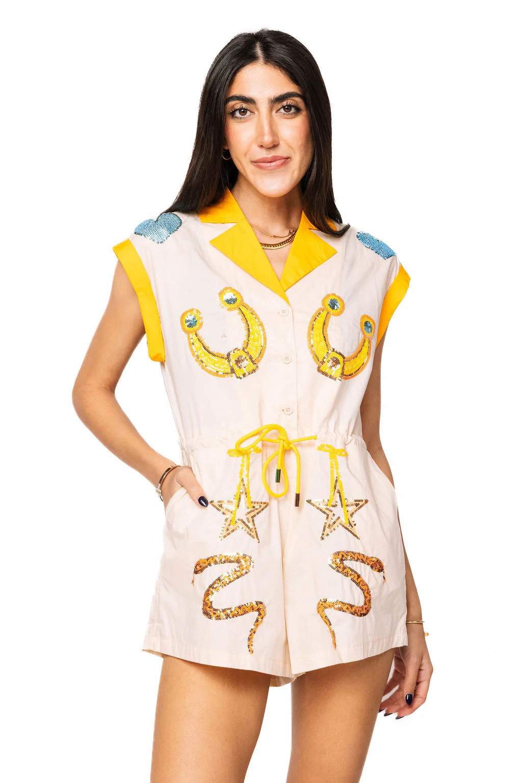 Beige, Yellow & Blue Fringe Western Icon Romper | Queen of Sparkles
