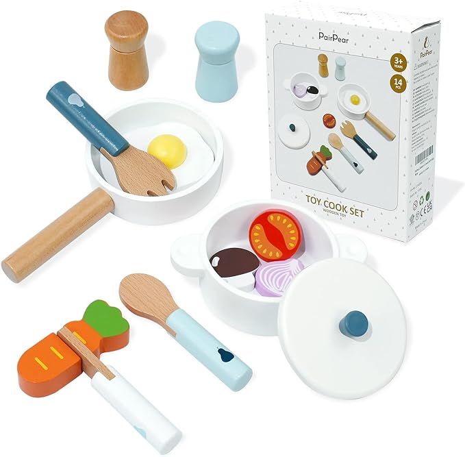 PairPear Kids Pots and Pans Play Playset Kitchen Accessories, Wooden Toys Cooking Set for Boys an... | Amazon (US)