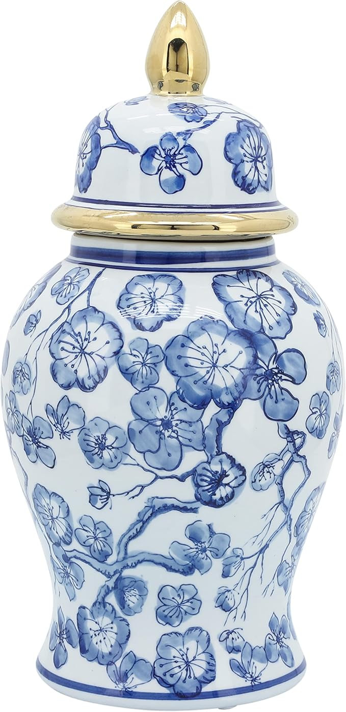 "Sagebrook Home 15425-03 Temple Jar W/Hibiscus, Blue & White, Blue/White", "8""l x 8""w x 14""h" | Amazon (US)