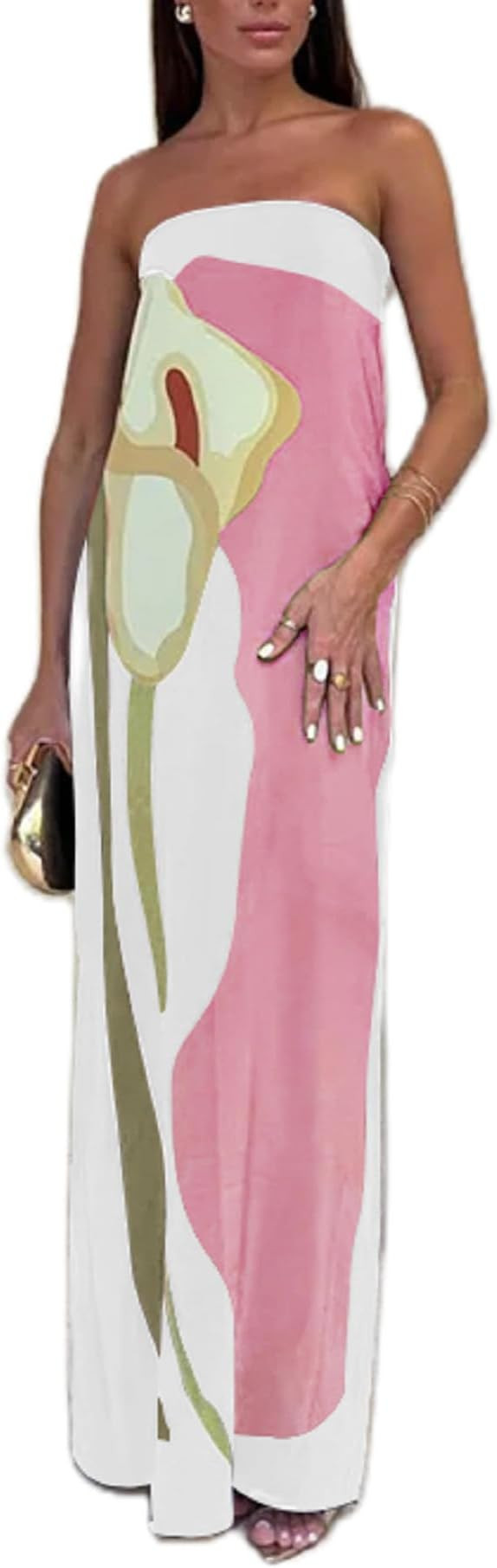 Women Strapless Maxi Dress Boho Floral Print Flowy Long Tube Dress Off Shoulder Loose Beach Sundr... | Amazon (US)