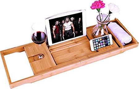 BOSSJOY Luxury Wood Bamboo Bathtub Bath Tub Caddy Tray with Extending Sides Built in Book Tablet ... | Amazon (US)