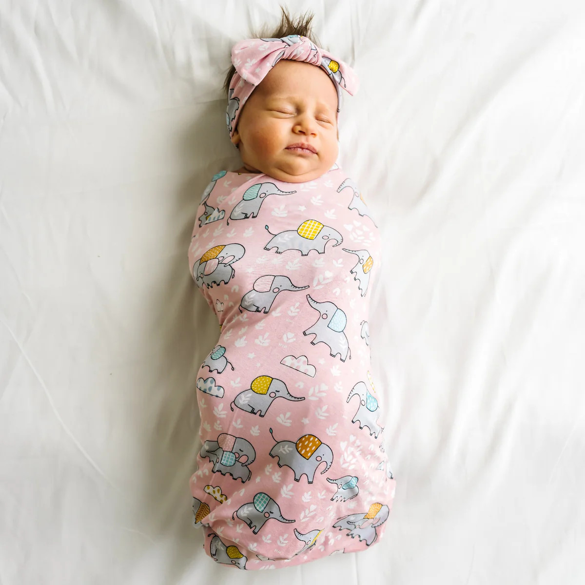 Pink Elephant Snuggles Bamboo Viscose Swaddle + Headband Set | Little Sleepies