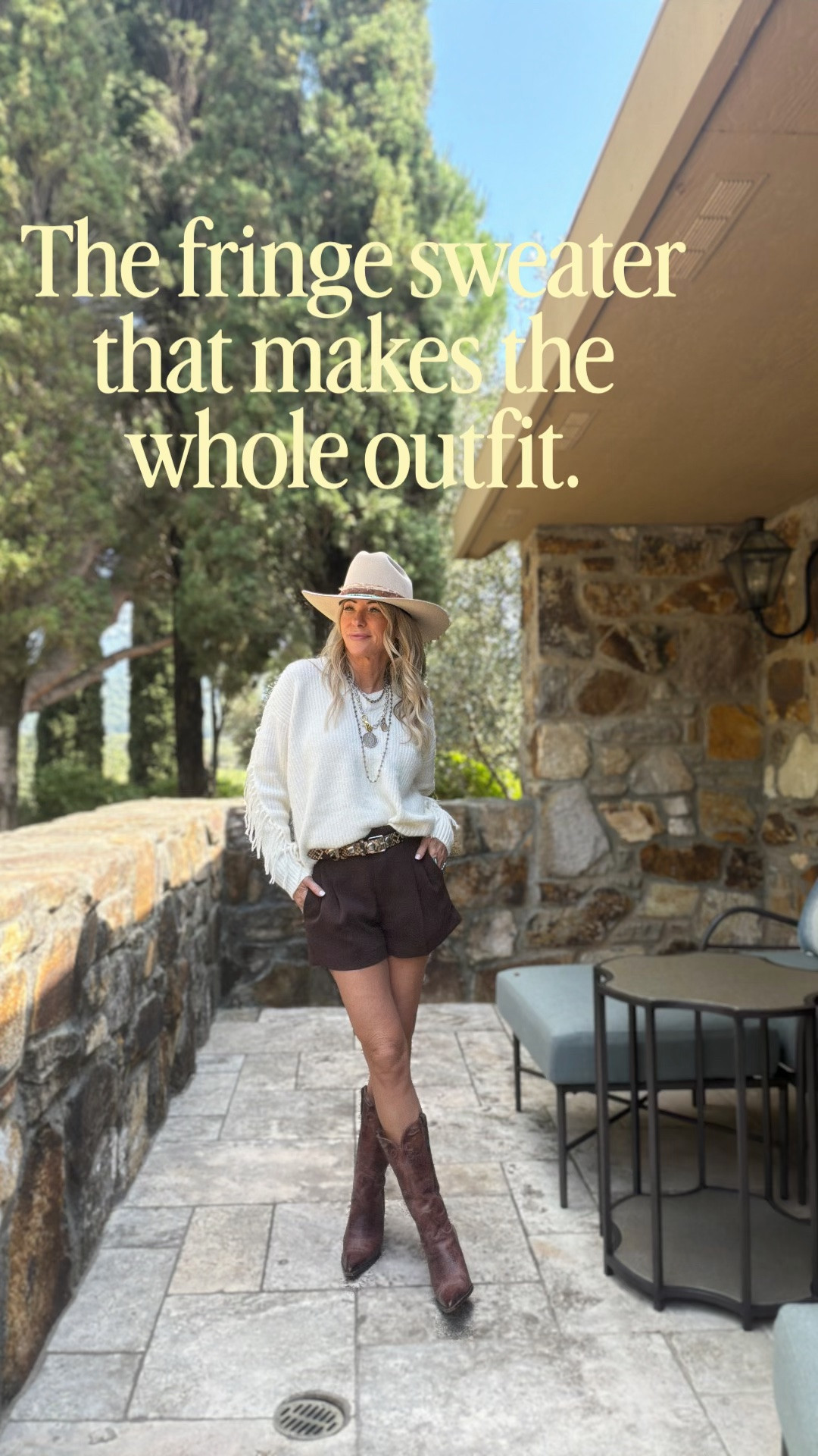 Fall perfection 🤎 This ivory fringe sweater paired with chocolate brown shorts, Western boots and a hat is such an easy way to lean into fall while it’s still warm. I love the mix of cozy texture and rich brown tones. Everything linked here!

#LTKOver40 #LTKSeasonal #LTKPetite