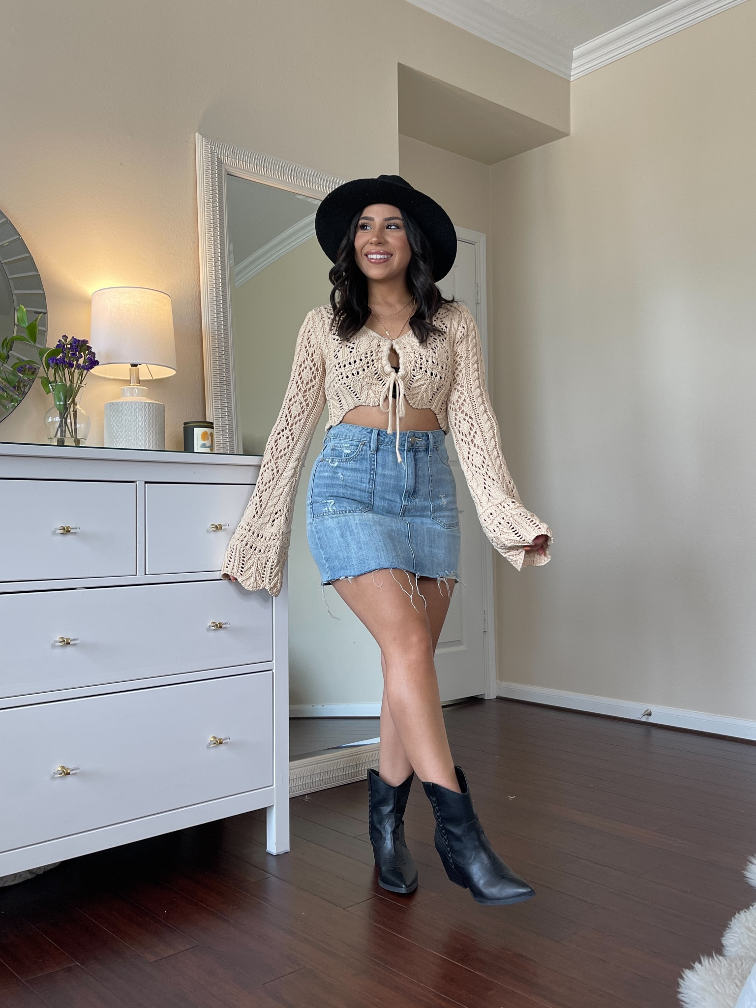 Country concert outfit idea
Crotchet top: small
Lace bralette: small
Denim skirt: 2 
Black cowgirl boots: 6.5 
Black cowgirl hat 

#LTKsalealert #LTKunder50 #LTKFind