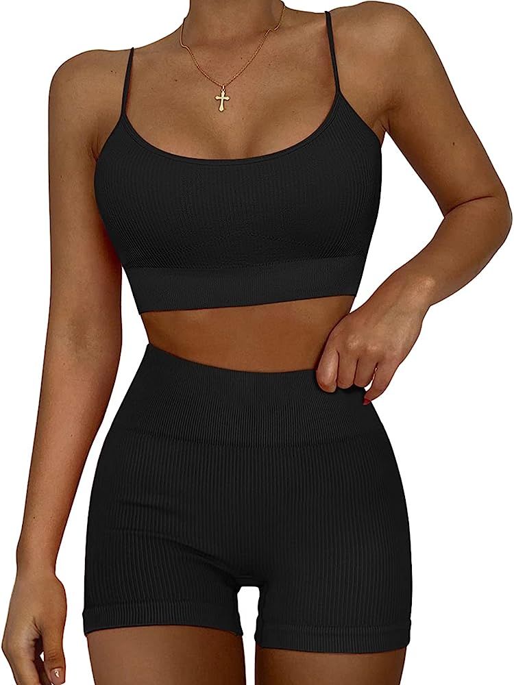 OYS Women's Workout Set 2 Piece Strappy Sports Bra Seamless High Waisted Yoga Ribbed Shorts | Amazon (US)