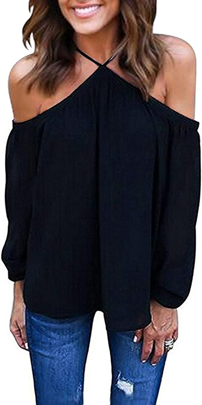 Vemvan Women's Spaghetti Halter Off The Shoulder Blouse Long Sleeve Shirt Tops | Amazon (US)