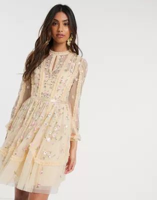 Needle & Thread mini dress with rose embroidery in lemon | ASOS US