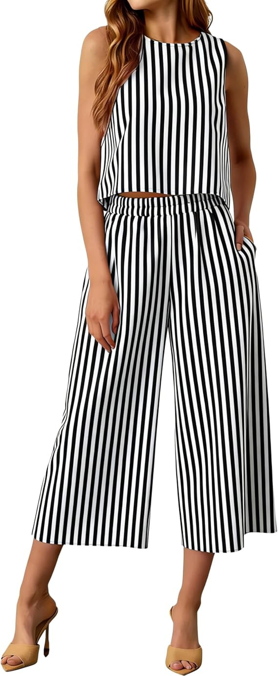 Womens Casual Loose Striped 2 Piece Set Sleeveless Tank Top Cropped Wide Leg Pant with Pockets Wo... | Amazon (US)