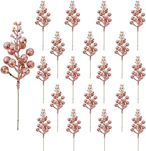 20Pack Christmas Glitter Berries Stems, 8.2 Inch Rose Gold Artificial Berry Picks for Christmas Tree | Amazon (US)