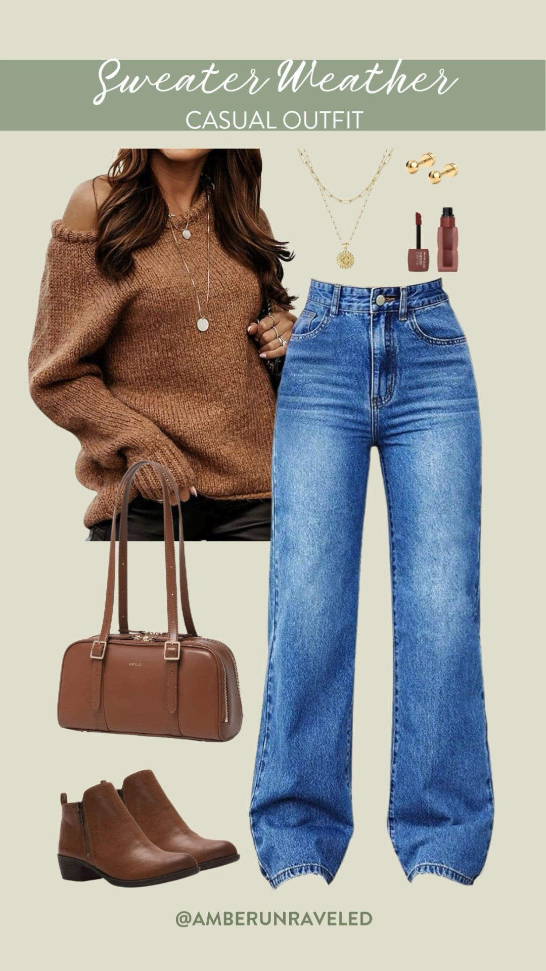 Cozy and chic is the name of the game for fall! Look cute wearing this comfy off-the-shoulder sweater with classic wide-leg jeans. Finish the look with a stylish brown bag and some ankle boots for an effortless vibe. 

amazon fashion, affordable outfit, sweater weather, cozy look

#LTKU #LTKSeasonal #LTKStyleTip
