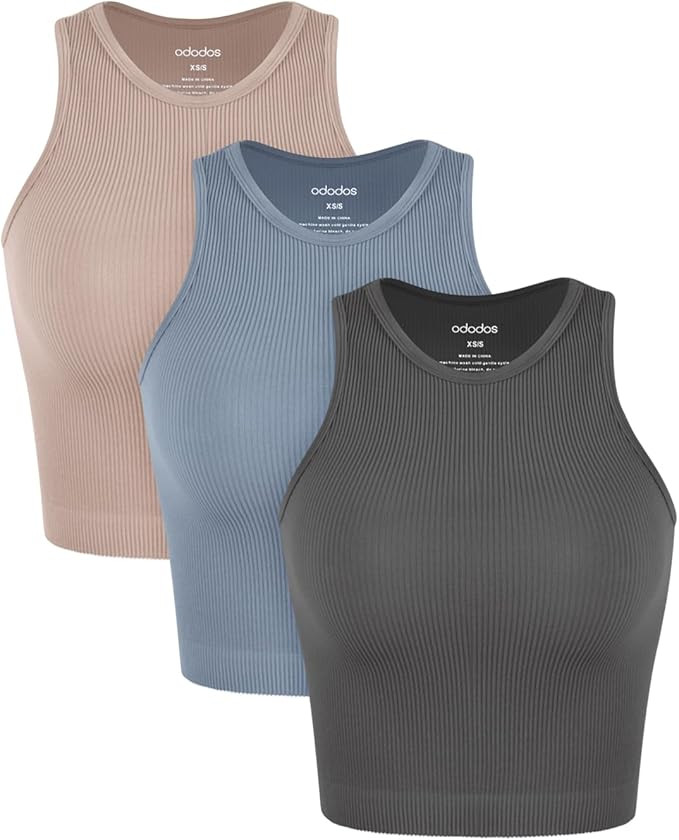 ODODOS 3-Pack Seamless Crop Tank for Women Ribbed Soft High Neck Cropped Tops | Amazon (US)