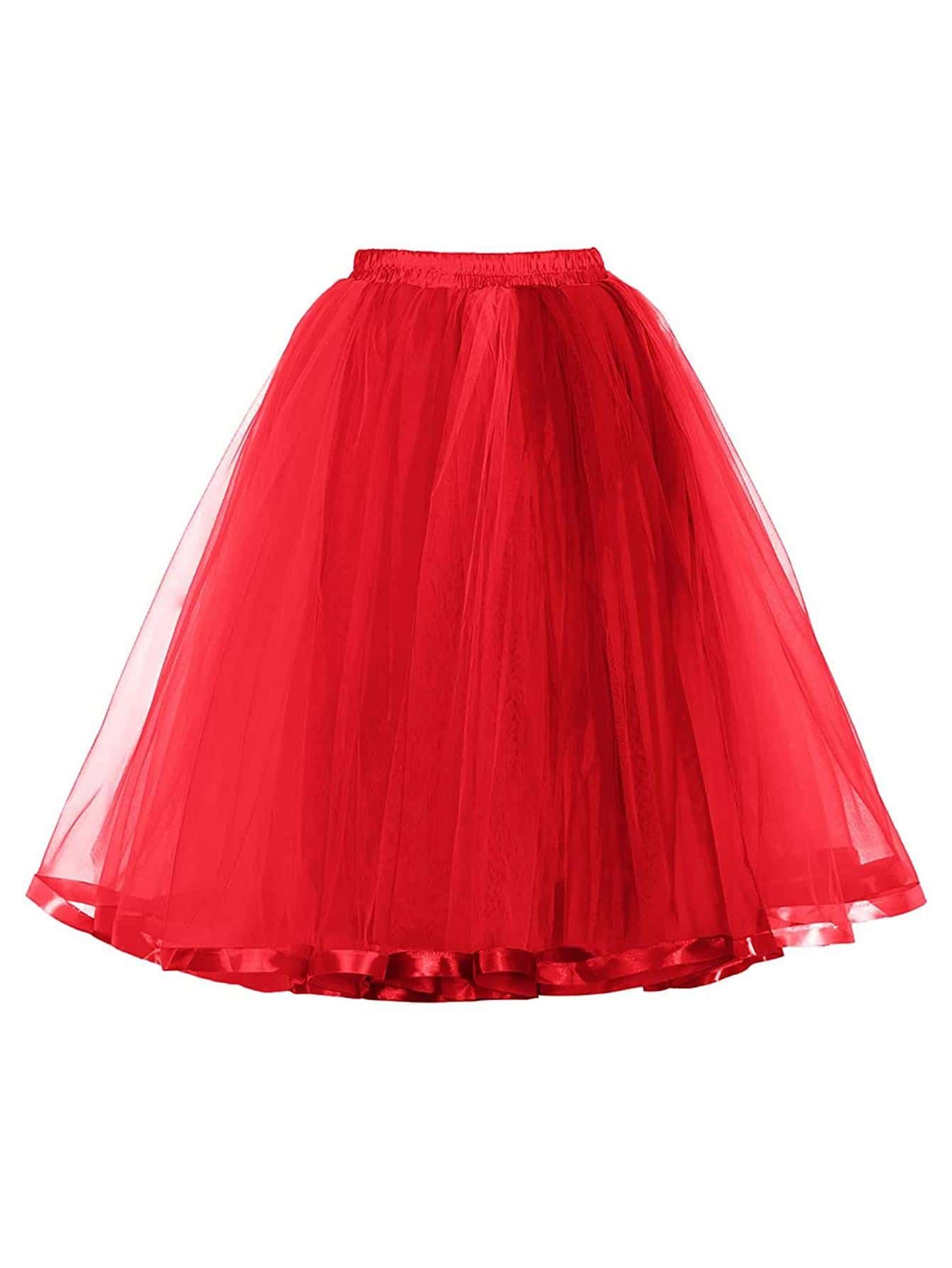 Women's Mid-length Red Underskirt Mesh Tulle Skirt With Ribbon Edge Detail | SHEIN