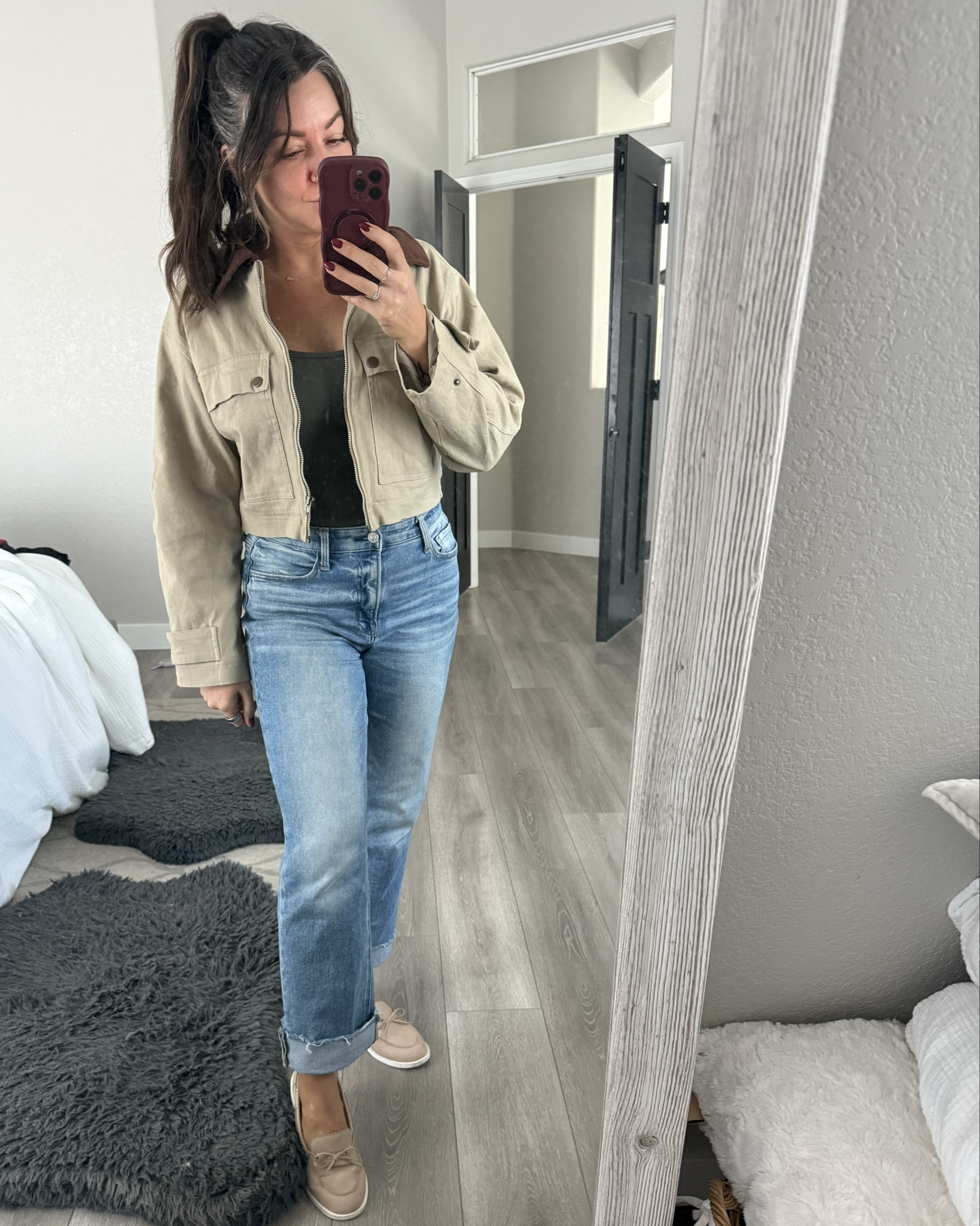 Rainy day brunch outfit! Obsessed with this cropped trucker jacket and even more obsessed with the low price! 

#LTKStyleTip #LTKFindsUnder50 #LTKSeasonal