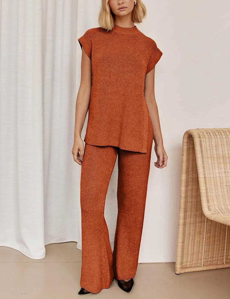 Lviefent Womens 2 Piece Outfits Sweater Set Sleeveless Side Slit Pullover Top Knit Wide Leg Pants... | Amazon (US)